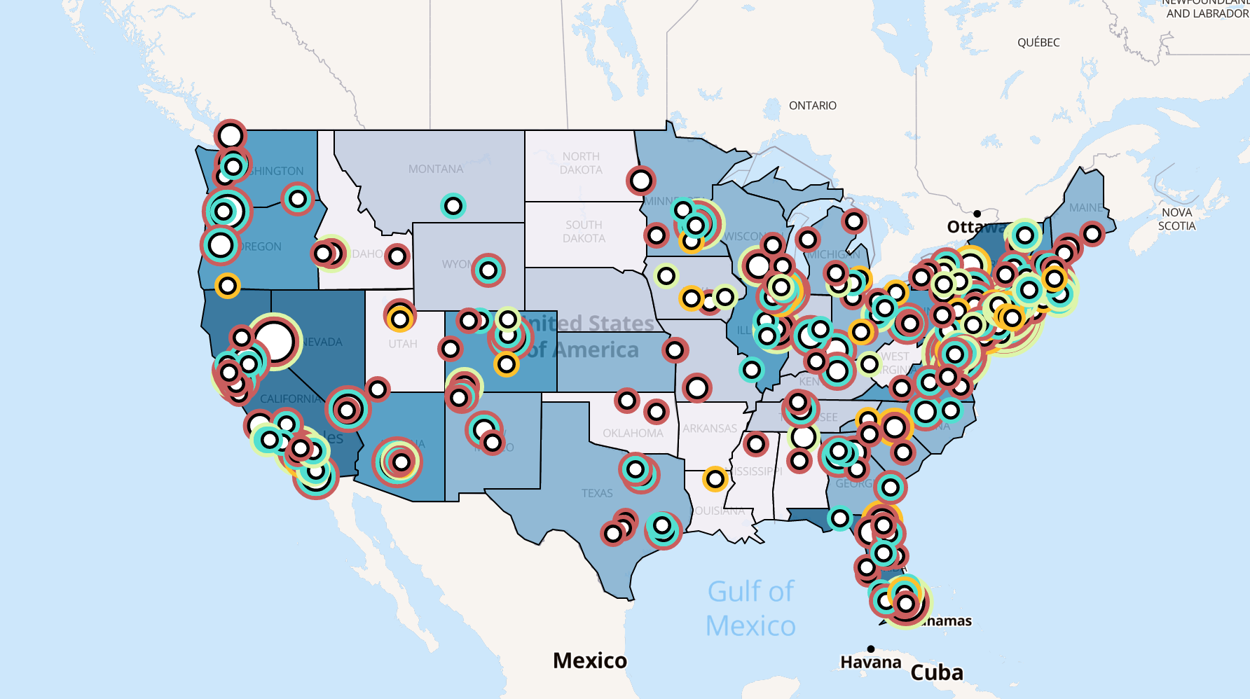 A map of the United States with the states bordered. On the map are circles of varying sizes and colors marking locations. There are clusters in the New England area, California, and Florida.