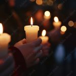 A lit candle held in a hand in the foreground with darkness behind.